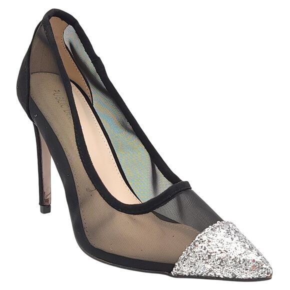 Public Desire Women Chelsea Glitter Toe Stiletto Pump Heels Size US 7 Black Mesh - Picture 1 of 5